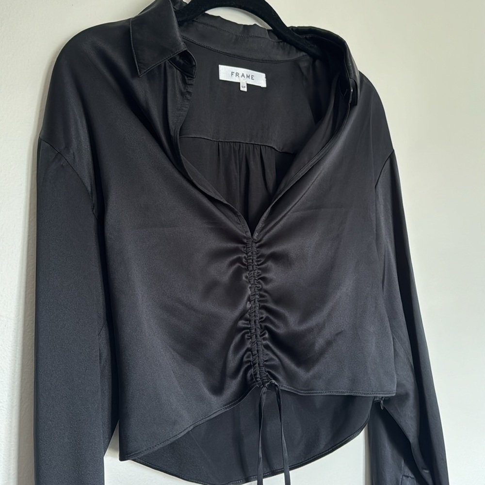 FRAME Cinch Front Long Sleeve Silk Top Small - Picture 4 of 8